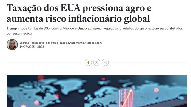 Taxação dos EUA pressiona agro e aumenta risco inflacionário global Fonte: https://agro.estadao.com.br/economia/taxacao-dos-eua-pressiona-agro-e-aumenta-o-risco-inflacionario-global