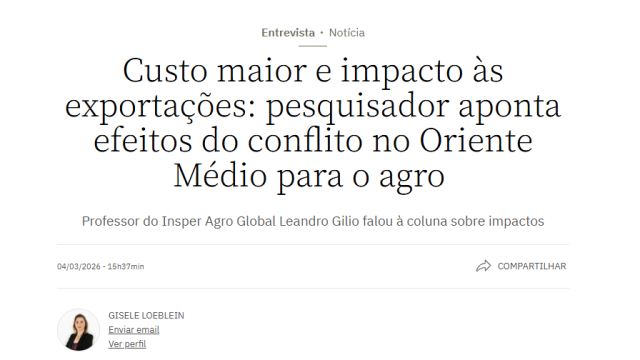 Custo maior e impacto às exportações: pesquisador aponta efeitos do conflito no Oriente Médio para o agro