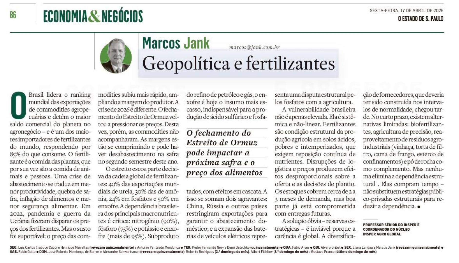 Geopolítica e fertilizantes: o Estreito de Ormuz pode afetar a safra e o preço dos alimentos.