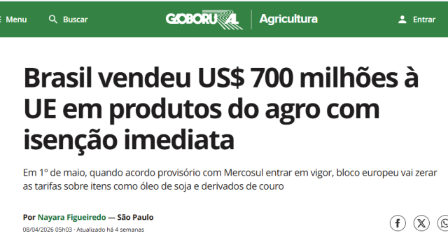 Brasil vendeu US$ 700 milhões à UE em produtos do agro com isenção imediata