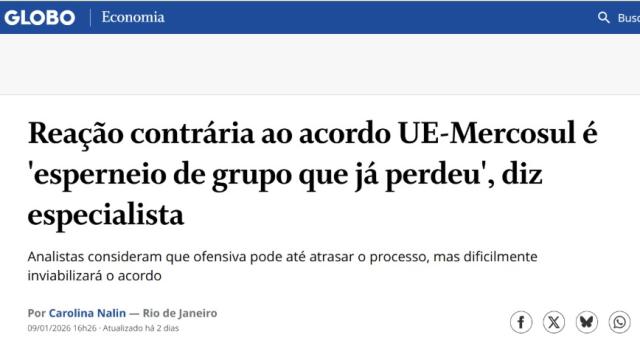 Reação contrária ao acordo UE-Mercosul é 'esperneio de grupo que já perdeu', diz especialista.