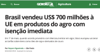 Brasil vendeu US$ 700 milhões à UE em produtos do agro com isenção imediata